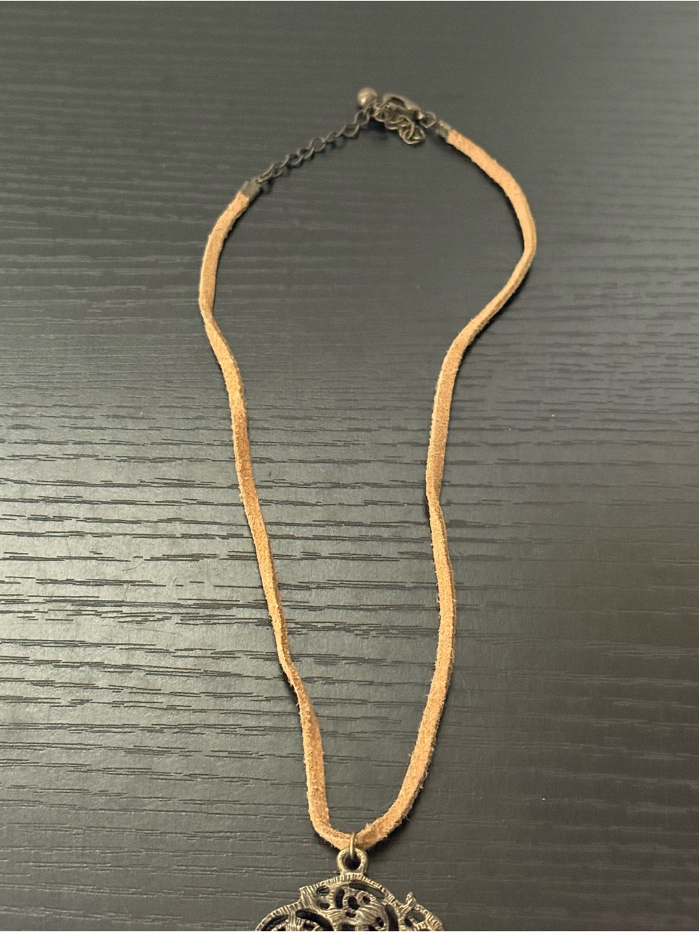 Bohemian Style Necklace w/Bronze Toned Ornate Swirling Medallion on Suede Cord - Picture 7 of 8